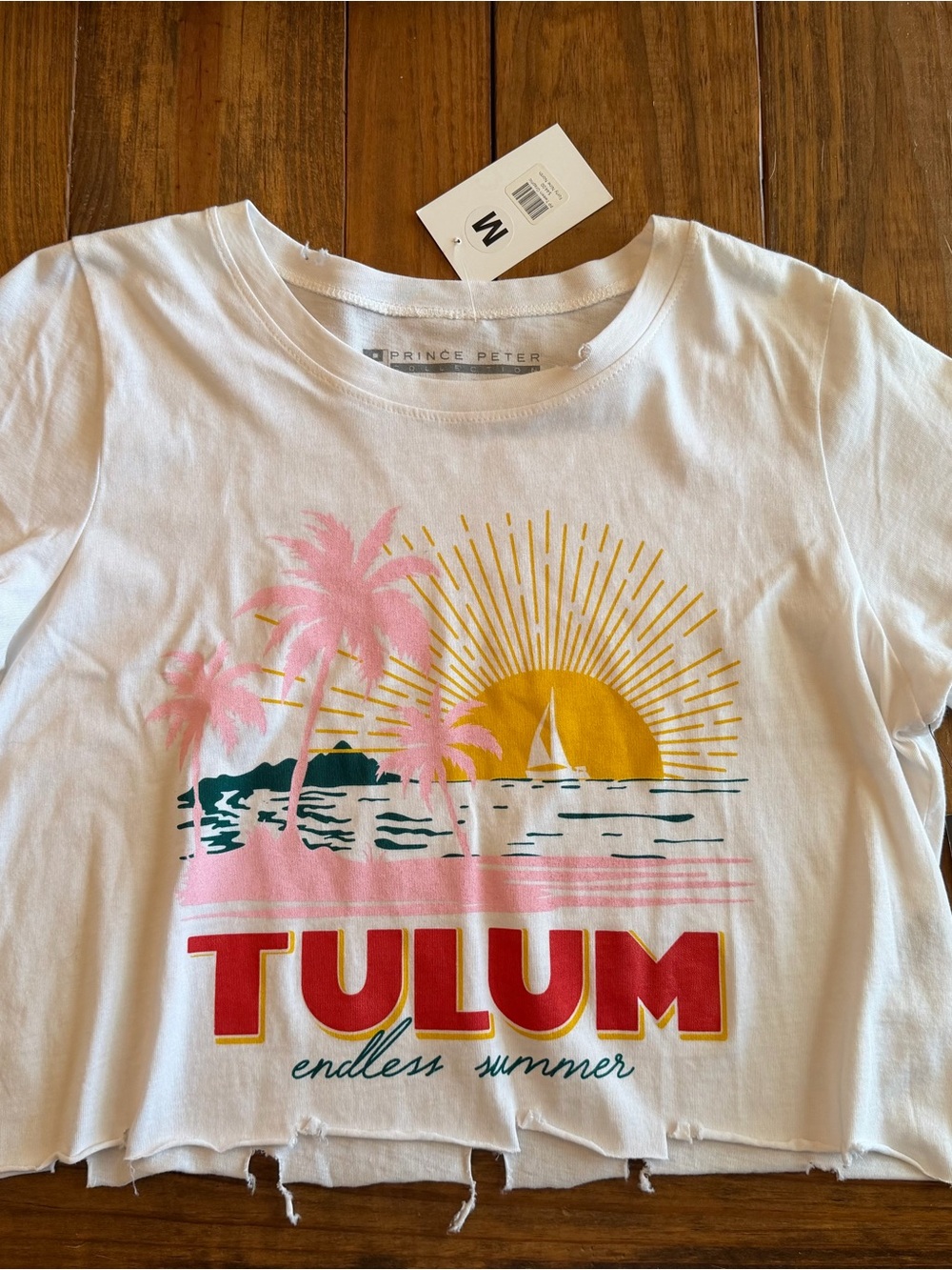 Tulum White Tee with Pink Palms, Yellow Sun & Red - Prince Peter Collection
